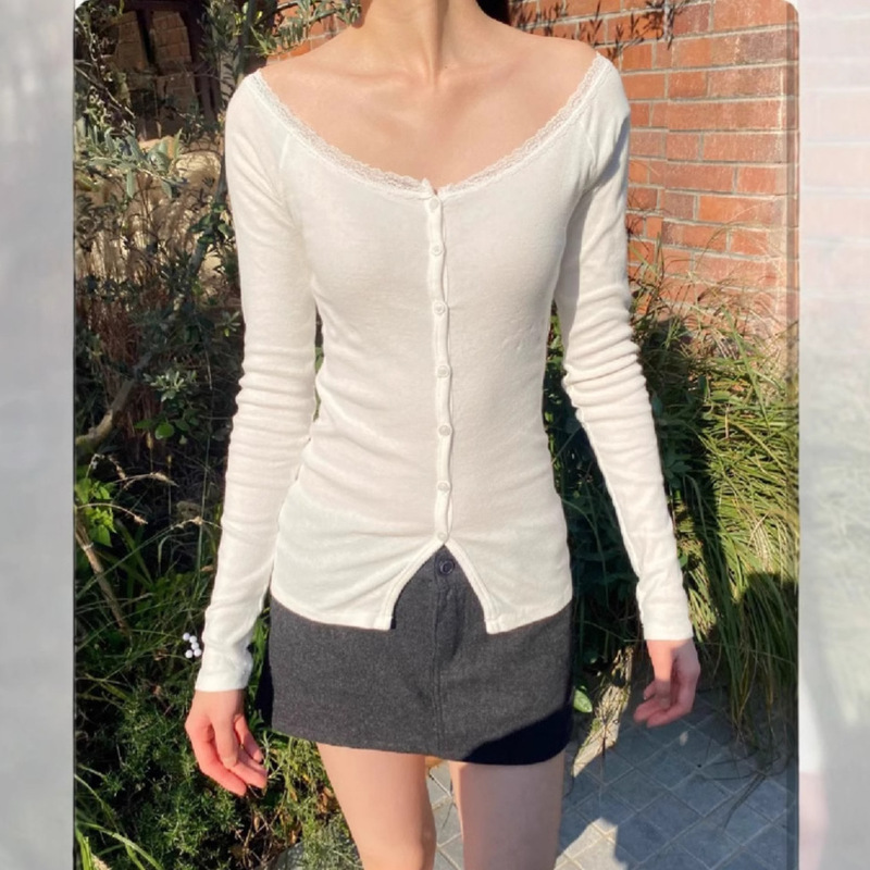 BM Style White Lace Off-shoulder Off-shoulder Long-sleeved T-shirt Women's Bm Spice Girls Slim-fit Cardigan Base Shirt Top