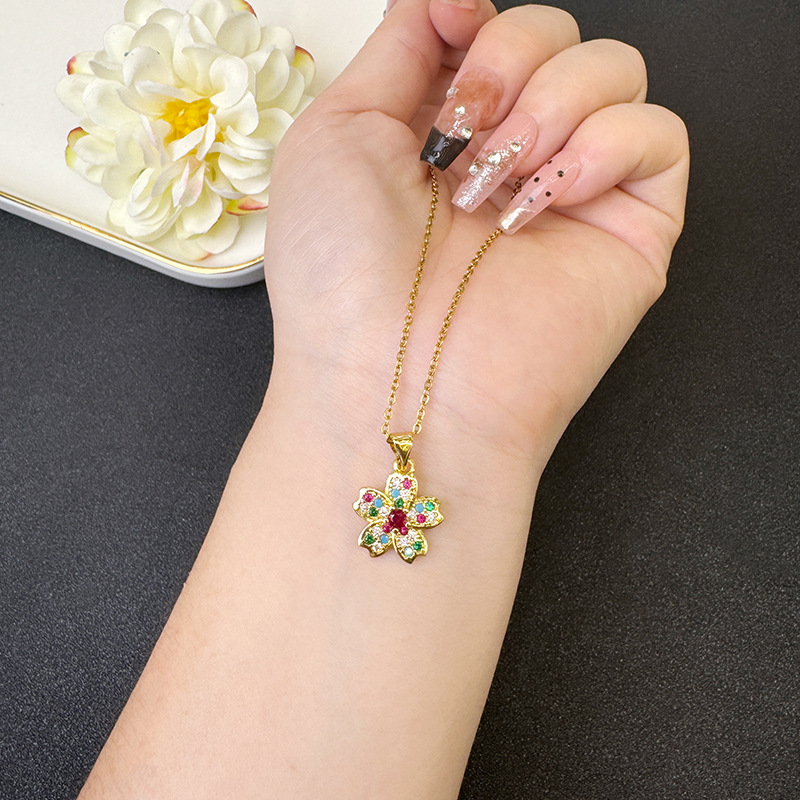 Vietnam Shajin estilo coreano pequeño, fresco, simple, de alta gama, lleno de diamantes, collar de flores de cerezo, pendientes, fuente de joyería que no se desvanece durante mucho tiempo