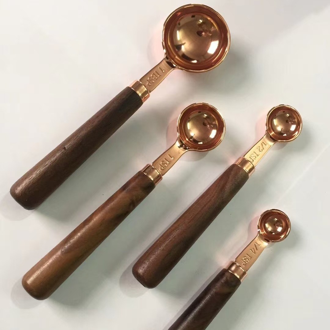 Acacia dorada mango de madera de acero inoxidable taza de medición cuchara de medición 8 piezas con escala de medición de herramientas de horneado de cocina dulces