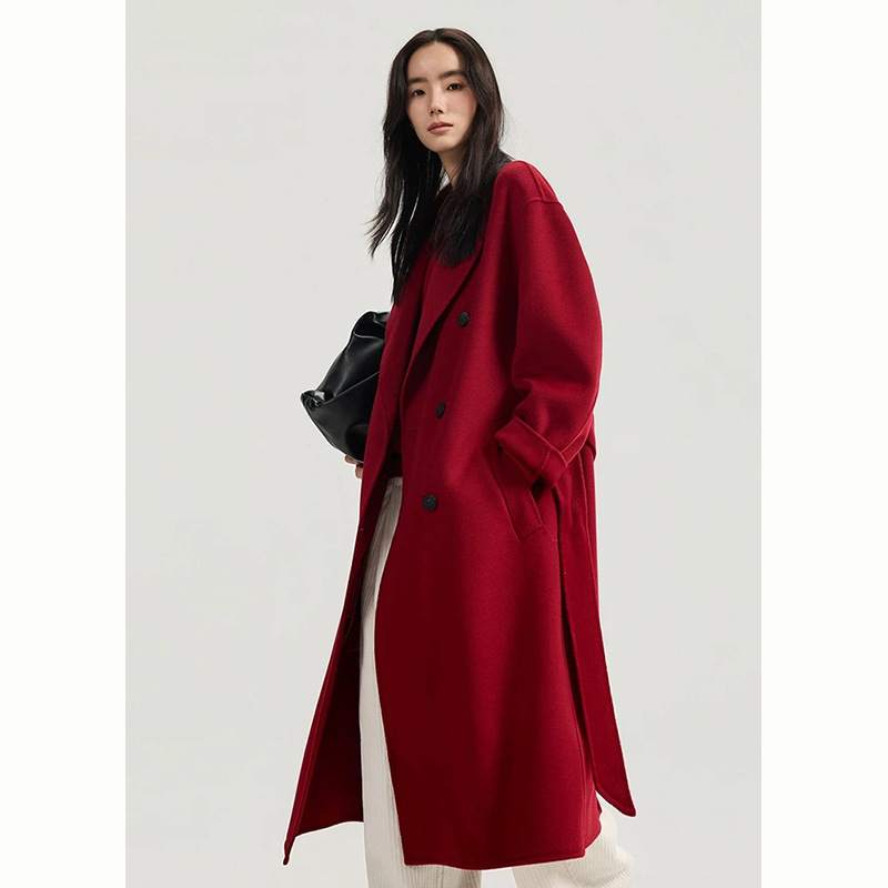 经典双排扣小个子羊毛大衣女系带加长款秋冬显瘦毛呢大衣外套女