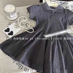 Girls short-sleeved T-shirt new style children's dress summer polo collar mid-length skirt small and medium-sized black skirt