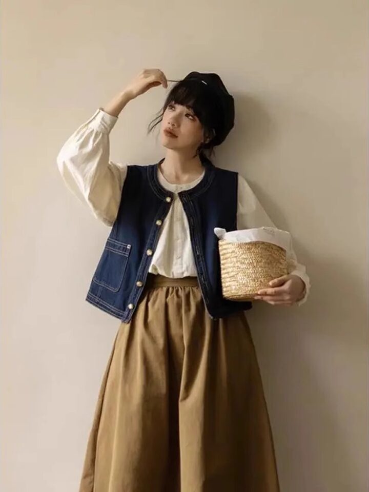 Áo vest denim cardigan nữ phong cách retro, dáng ngắn 40–50 cm, cài cúc, có túi — Denim xanh (hàng có sẵn), Màu xanh đậm (hàng có sẵn) chi tiết 3