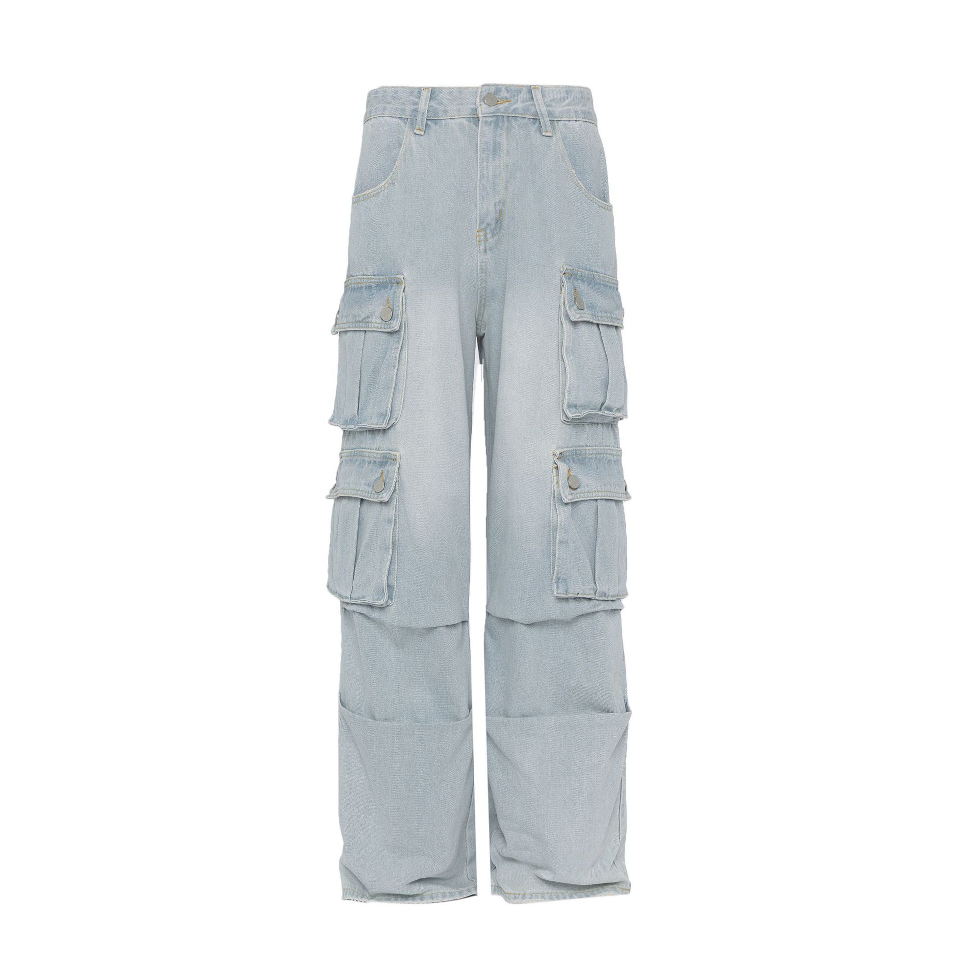 WHOOWAP American washed jeans vintage de pierna ancha recta azul pantalones sueltos multibolsillos