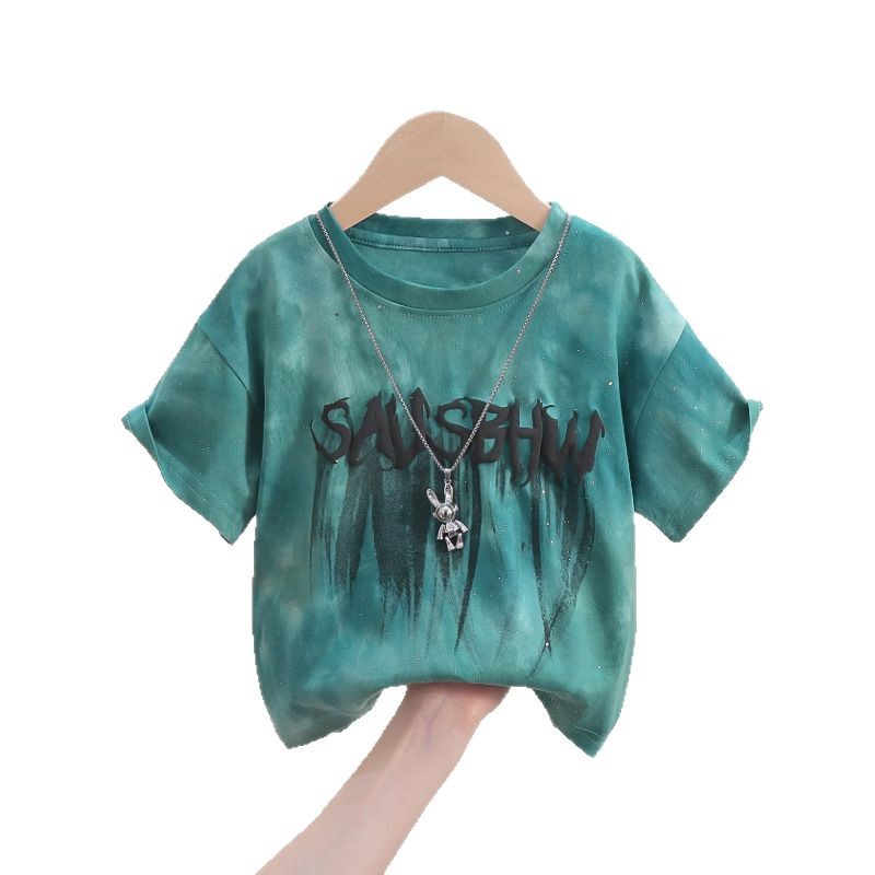 7840 Camiseta de manga corta de verano para niños 2025 nuevo estilo estilo occidental, tops de moda de bebé de media manga gradiente guapos para niños