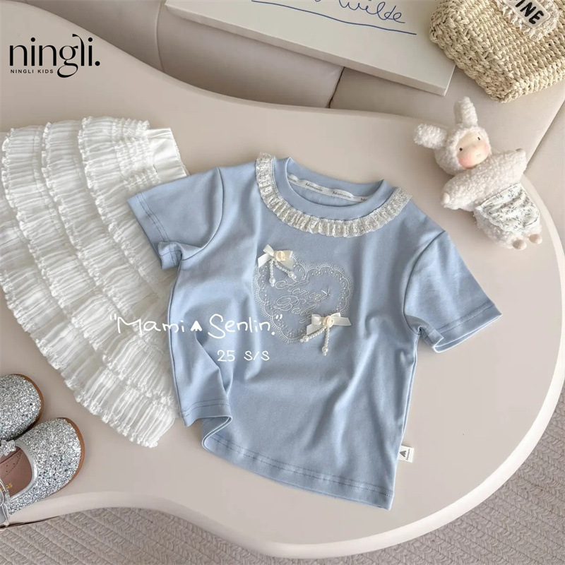 Ningli Girls' Short-sleeved T-shirt Girls' Loose Printed Round Neck Top Summer New Style Western Style Children's Half-sleeved Bottoming