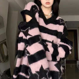 五角星条纹仿貂针织毛衣女秋冬寄新款慵懒风水貂绒套头宽松上衣潮