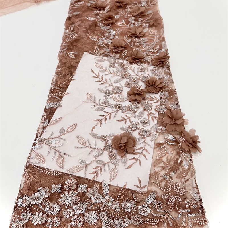 Bridal pura mano flor sequinilla tubo de perlas bordado tela de moda encaje vestido de boda vestido de tela