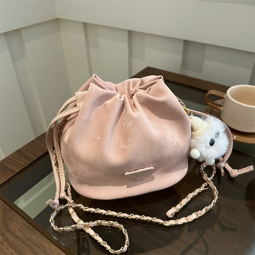 Pure Color Fresh and Trendy Drawstring Small Women's Bag 2024 Spring New Style Versatile Ins Shoulder Crossbody Bucket Bag