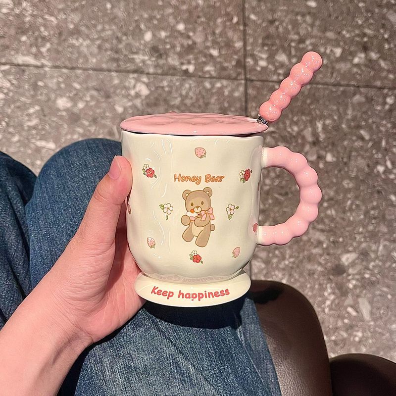 可爱卡通小熊马克杯带盖勺杯子高颜值家用陶瓷水杯生日礼物送女生|undefined