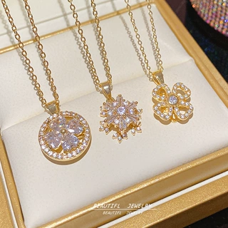 小众设计感时尚百搭可旋转花朵项链女轻奢高级雪花锆石钛钢锁骨链