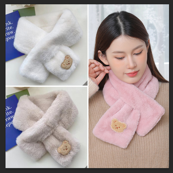 マフラーの女性秋冬の韓国版はかわいい保温のぬいぐるみの熊の2024冬の新型の白いファッションのマフラーの潮を合わせます。|undefined