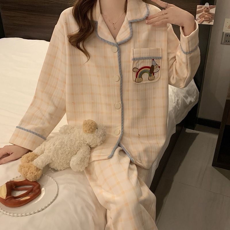 空气棉夹层睡衣女秋冬季新款可爱卡通格子开衫长袖加厚家居服套装|undefined