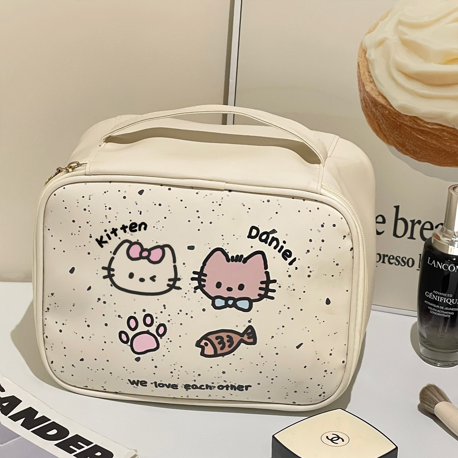 Estuche cosmético portátil para gatos lindos originales, bolsa cosmética de almacenamiento portátil para el cuidado de la piel de viaje de alta gama de gran capacidad