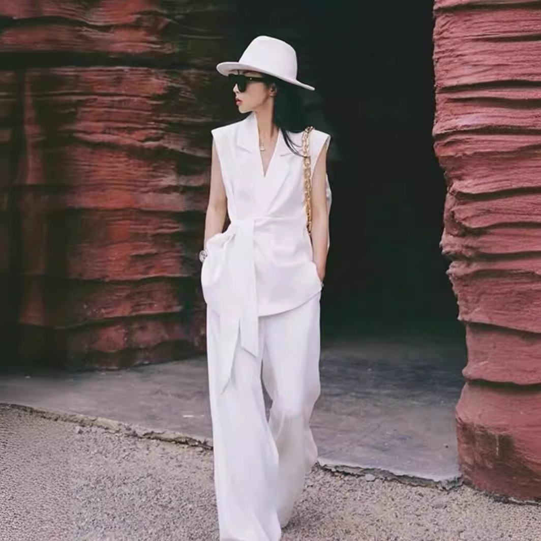Summer Thin White Lace-up Fashionable Wide-leg Pants Sleeveless Suit Vest suit Women's High-end Western-style Two-piece Set