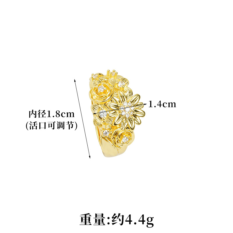 Anillo de oro de arena vietnamita retro floreciente brocado anillo de flores de bronce de lujo ligero dorado no se desvanece joyas