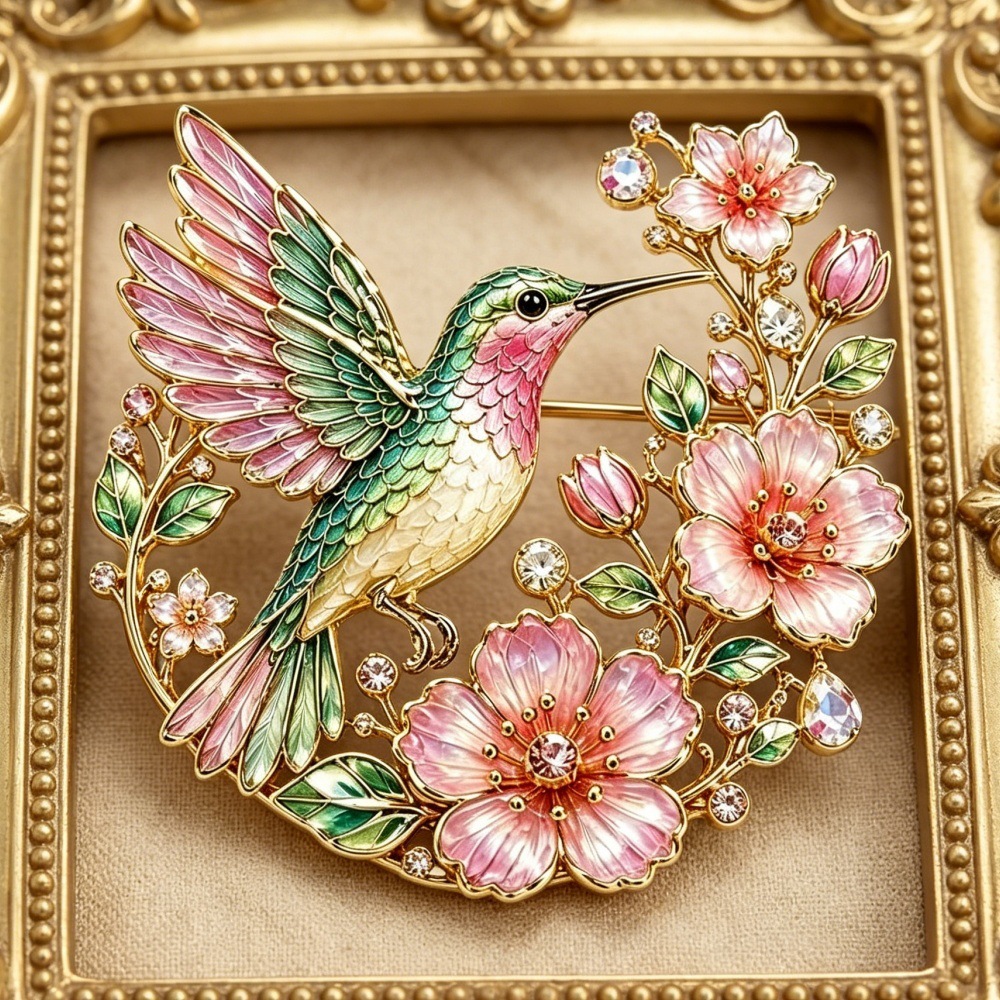 New European and American cross-border style peach blossom hummingbird brooch with diamonds for women, fashionable enamel high-end niche design