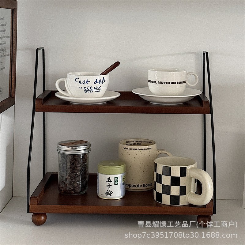 现货木质置物架多功能双层杯架厨房调料罐收纳架铁木结合置物架|undefined