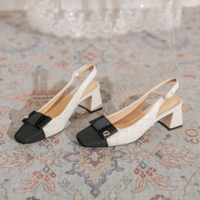 蝴蝶结后空绊带粗跟单鞋小香风职业通勤包头凉鞋拼色高跟鞋不累脚