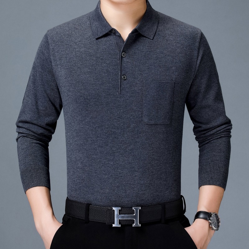 秋の新作中年男性長袖Tシャツニットボトムシャツリアルポケットラペルポロシャツトレンド8820|undefined