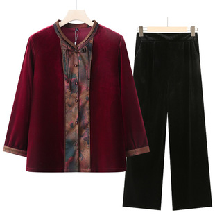 Grandma Spring Clothes Golden Velvet Shirt suit Female Mother Spring and Autumn Fashion Cardigan Jacket Old Man Guofeng Tang Clothes