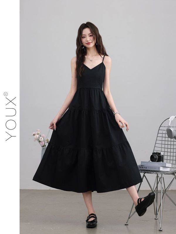 法式白色V领吊带连衣裙子女装2025夏季海边度假收腰蛋糕长裙优雅|undefined