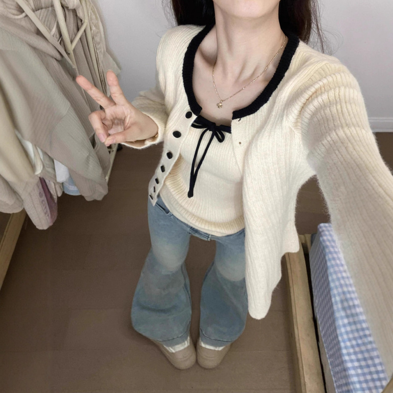 韩系针织开衫配吊带女早秋季新款软糯毛衣外套外搭上衣氛围感穿搭|undefined