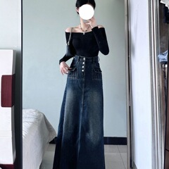 大码胖mm高腰牛仔半身裙女秋冬显瘦复古设计感小众a字中长款裙子
