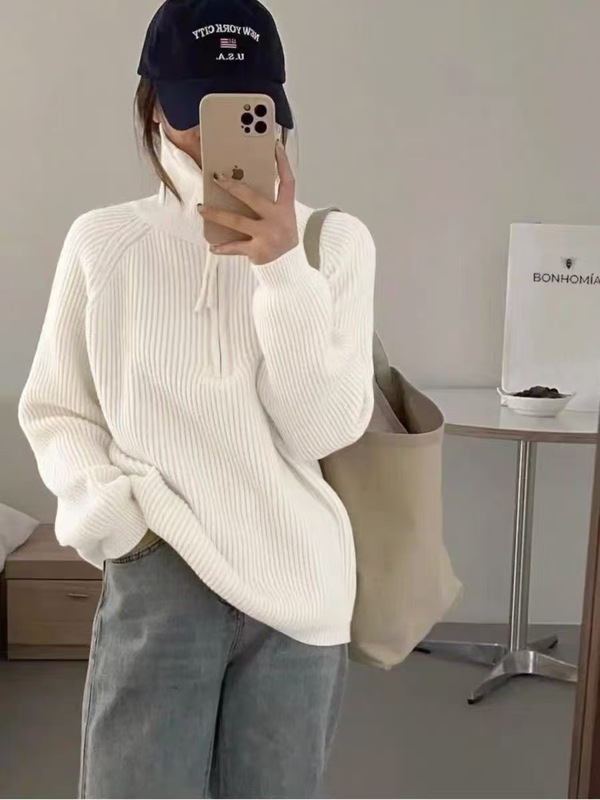 女性用の秋冬のピットハーフジップセーター、スタンドアップカラー、柔らかくワックスのようなルーズなレイジースタイルのアウターウェアニットセータートップ|undefined