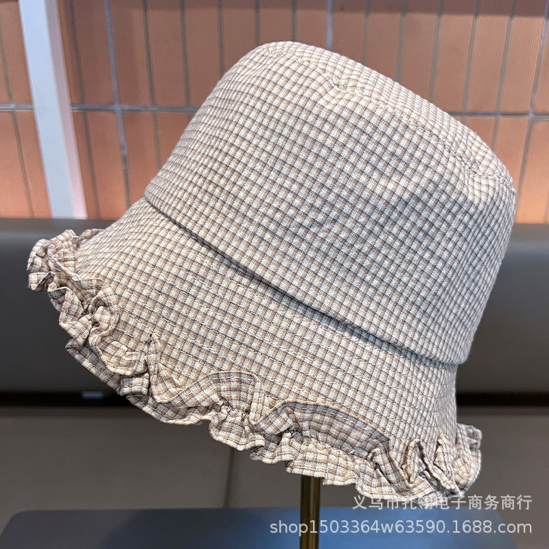 2025新款日系文艺复古格子渔夫帽女秋冬季小众设计感牛仔花边盆帽|undefined