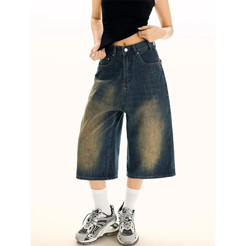 Wide-Leg Cropped Denim Shorts 2025 Summer Thin Retro High-Waisted Plus-Size Loose Slimming Straight Mid-Length Pants Wide-Leg Cropped Denim Shorts 2025 Summer Thin Retro High-Waisted Plus-Size Loose Slimming Straight Mid-Length Pants