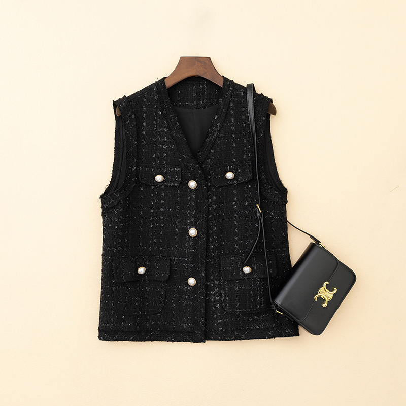 Celebrity-Style Mid-Length Plus-Size Loose Sequin Tweed Pocket Wool Vest Jacket