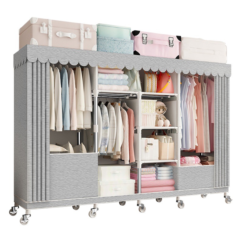 Cremallera completamente cerrado armario de tela simple tubo de acero reforzado en negrita espesado marco de acero completo gabinete de tela de almacenamiento en casa con ruedas