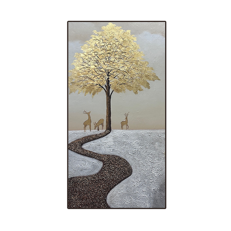 Golden Deer Fortune Tree Pure Hand-painted Oil Painting Texture Painting Living Room Dining Room Hanging Painting Modern Decorative Painting Entrance Corridor Painting