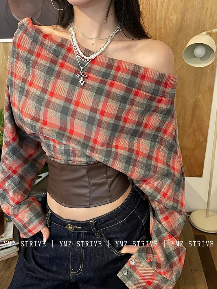 STRIVE/尤美子 微胖mm辣妹设计感一字肩衬衫女秋复古格纹拼皮上衣