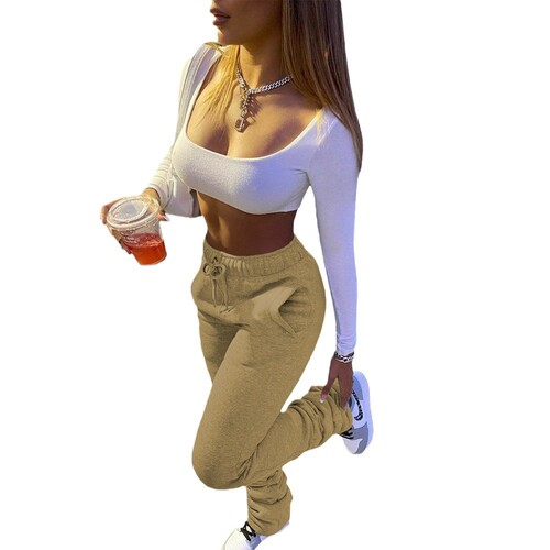 Women's European and American Fashion Sweatshirt Fabric Sports Casual Drawstring Pile Pants with Pockets
