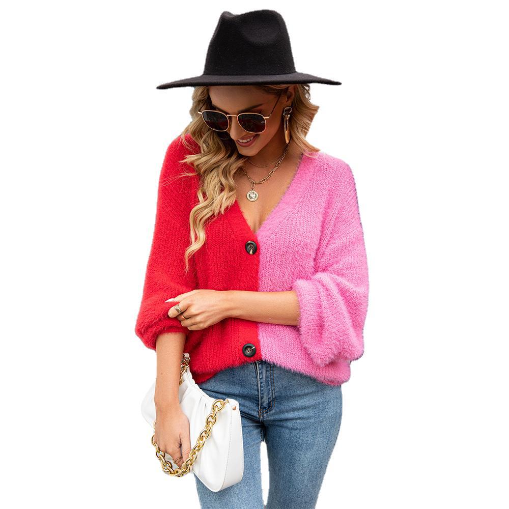 2022 Otoño e Invierno Nuevo punto de color rosa de un solo pecho europeo y americano Comercio Exterior Calle Hipster costura cardigan más el tamaño de la capa para las mujeres image 6