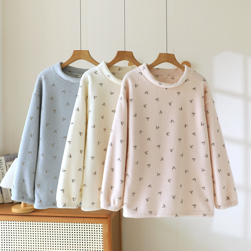 Autumn and winter round-neck fleece pajama top for women, thickened and warm flannel pullover home wear
