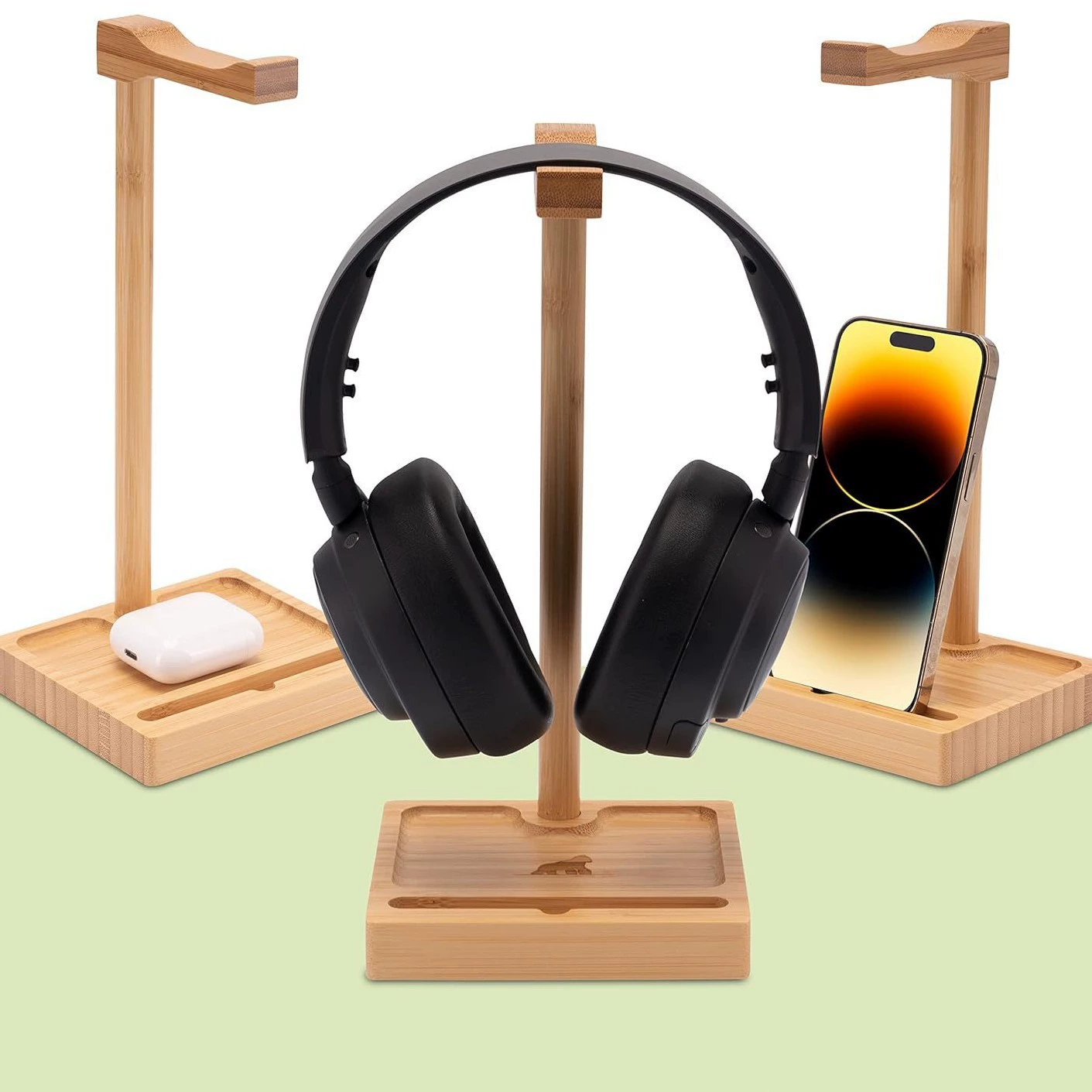 Древесная деревянная стойка для наушников с держатель для мобильных телефонов