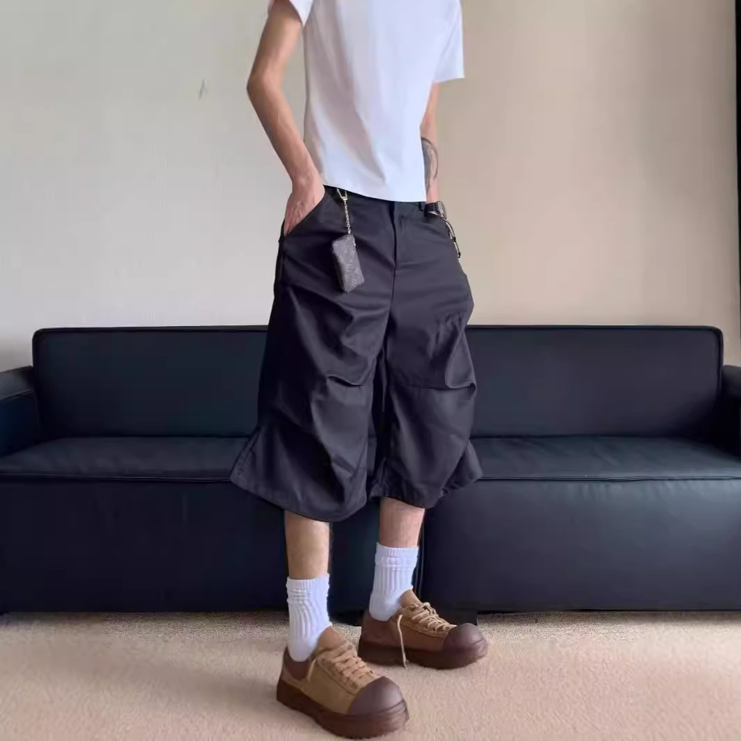 Trendy Brand Black Pleated Design Sense Casual Suit Shorts Men's Street-style Handsome Loose Straight-leg Cropped Pants