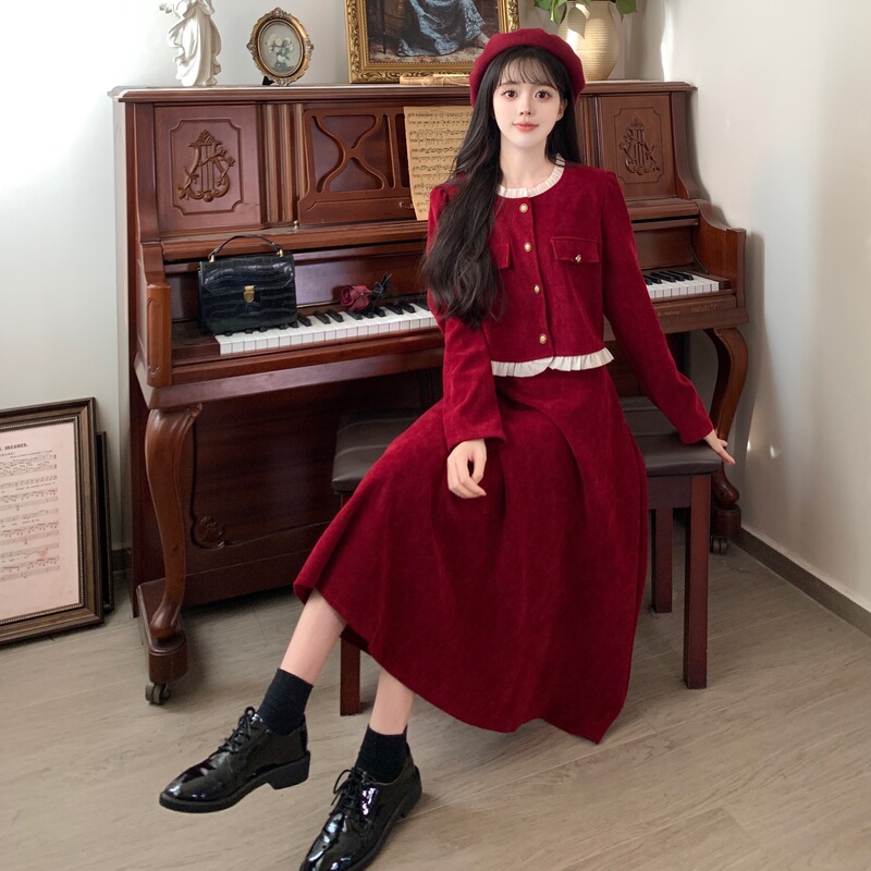 Autumn and Winter Small Fragrance Suit Skirt Slimming Look Top Large Size Fat mm French Red Corduroy Half Dress Autumn and Winter Small Fragrance Suit Skirt Slimming Look Top Large Size Fat mm French Red Corduroy Half Dress