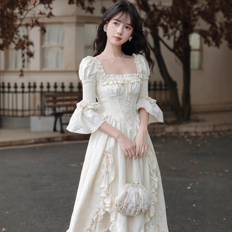 French Fungus Lace Irregular Splicing Square Neck Dress, Feminine, Super Fairy and Super Pretty Waist-Cinching Fairy Dress