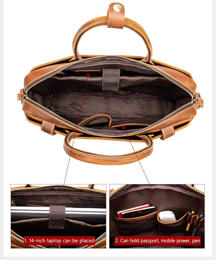 Túi đeo chéo da thật phong cách retro châu Âu, đựng laptop 14 inch, cặp xách tay công sở — Cà phê 7375, 7375 cà phê đen chi tiết 2