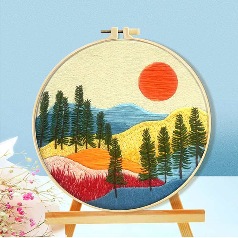 Mona Lisa bordado real bordado de cruz paisaje sol y luna nueva simulación de estilo nacional bordado decoración bordado a mano