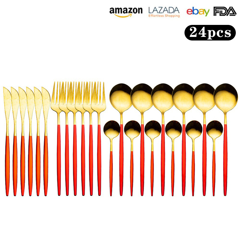 Transfronterizo de Amazon 24 piezas de acero inoxidable traje de vajilla Portugués Occidental cuchillo de carne, tenedor y cuchara de titanio chapado en oro cuchara