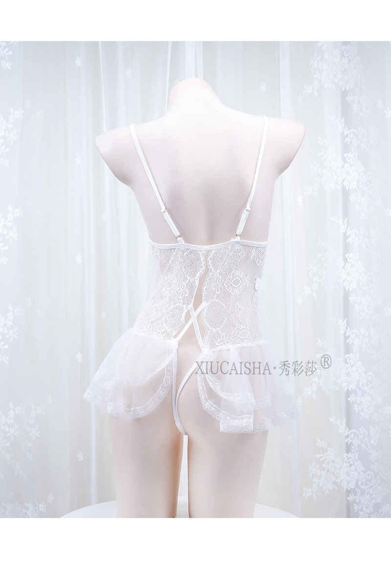 Lace Transparent Bodysuit Nightgown with Open-Crotch Stockings, Black One-Size Lingerie Dress — detail image 24