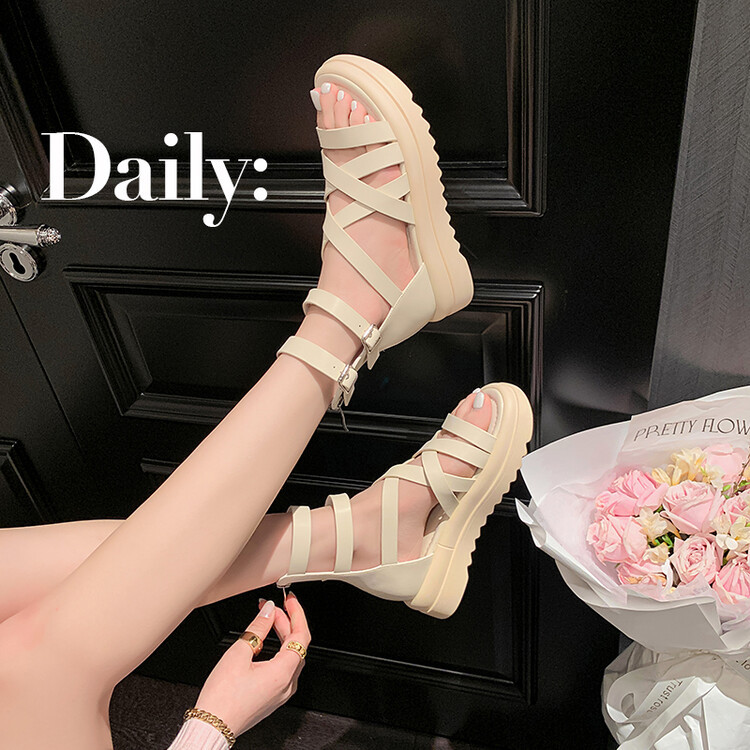 Sandal đế dày nữ da bò quai chéo hở ngón cao cổ mùa hè — Màu đen, Màu trắng be