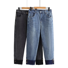 Spring 2023 new large-size jeans fat MM fashionable slim and high waist elastic color-blocking cigarette pants 6355