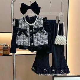 女童秋装套装韩系女宝宝小香马甲喇叭裤女孩春秋三件套潮