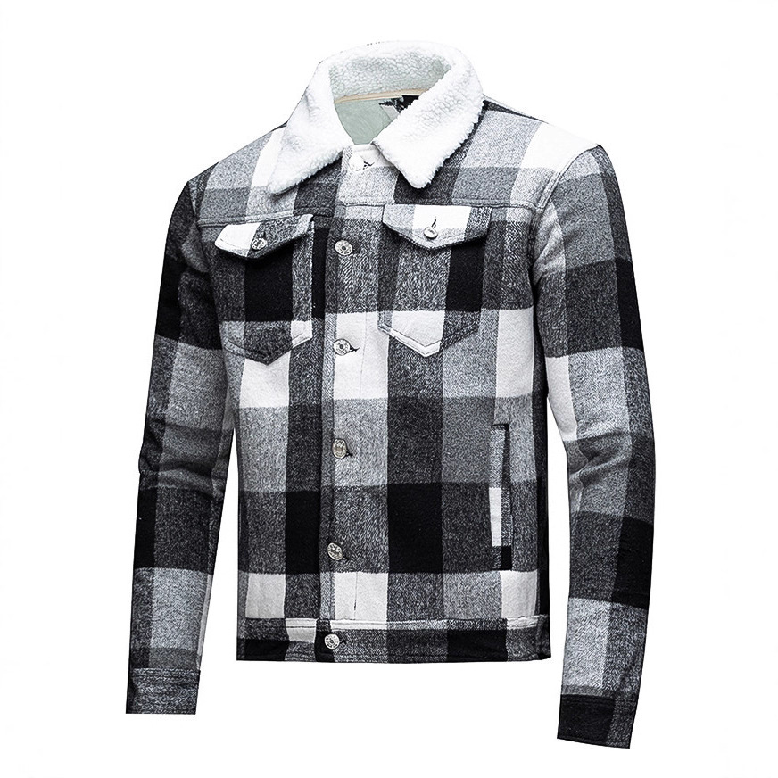 Tamaño transfronterizo de comercio exterior europeo y americano para hombres con color combinado y camisa de tela de terciopelo, abrigo de invierno, abrigo cálido, camisa de punto