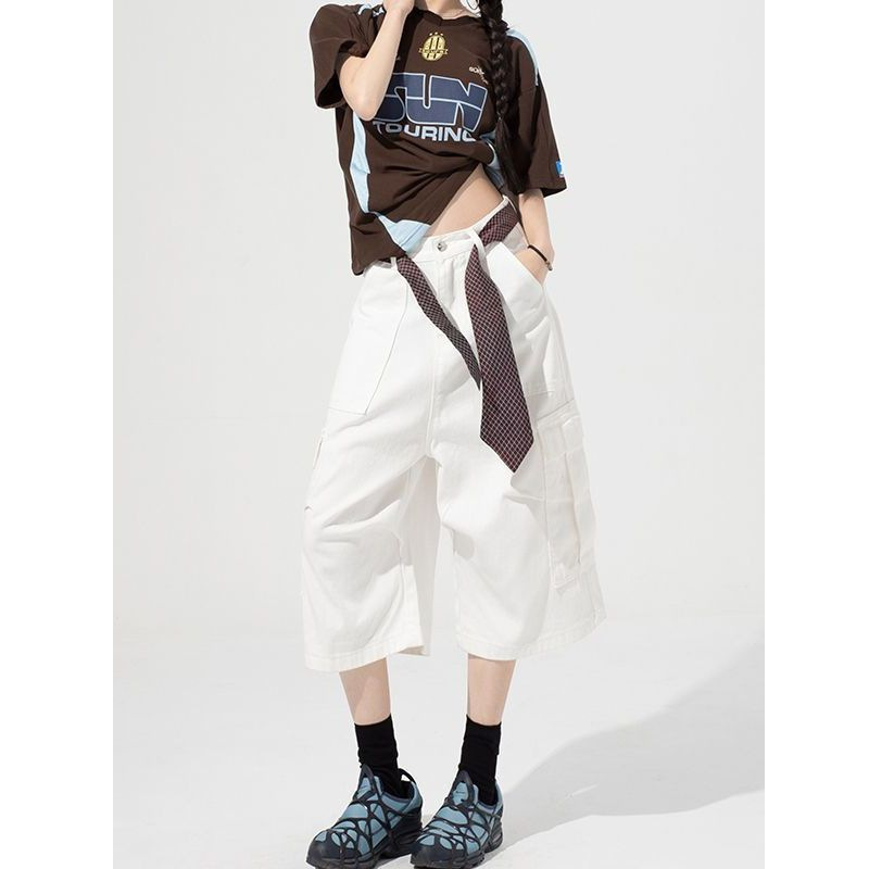 Multi-Pocket Cargo White Cropped Denim Shorts for Women Summer 2025 Thin Loose Slimming Wide-Leg Straight Mid-Length Shorts